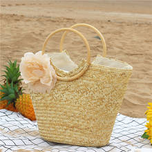 Natural straw handbag wood Rattan handle woven bag flower hand woven straw beach bag 2024 - buy cheap