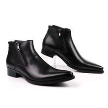 Botas masculinas de couro legítimo, sapato ponteagudo de luxo, estilo clássico, para negócios, escritório, formal, calçado masculino com zíper lateral 2024 - compre barato