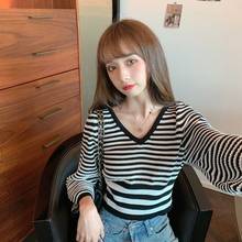 Woman Sweaters Autumn Waist Trimming Short Striped V-neck Pullover Long-Sleeved Sweater Top For Women 2024 - buy cheap
