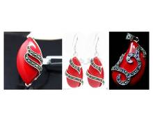 Conjunto de joias pandent e brincos com escultura coral vermelho exclusiva de anel prata esterlina 925 (#7-10) marcasite 2024 - compre barato