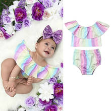 Fashion Summer  Toddler Kids Baby Girls Ruffle Rainbow T-shirt Tops+Shorts Susnuit 2PCS Outfits Set 0-24M 2024 - buy cheap