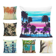 Funda de almohada de playa con paisaje Tropical, cubierta de terciopelo con diseño geométrico de árbol de coco, atardecer, decoración para sala de estar y tabla de surf 2024 - compra barato