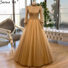 Serene Hill Muslim Gold Beading Evening Dresses Gowns 2021 Puff Sleeves Luxury A-Line For Women Party LA70993 2024 - buy cheap
