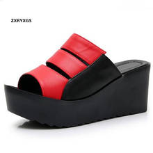2021 New Summer Open Toe Spell Color Genuine Leather Slippers Women's Sandals Thick Bottom Non-slip Wedges Slippers Women Shoes 2024 - buy cheap