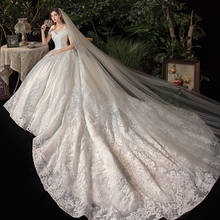 Свадебное платье 2021 Vestido De Noiva, Элегантное свадебное платье с вырезом лодочкой и шлейфом, роскошное кружевное платье принцессы 2024 - купить недорого
