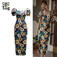 Tingfly-vestido retrô com estampa de flores, vintage, elegante, feminino, gola quadrada, verão, sexy, sheath 2024 - compre barato