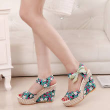 Women Shoes Flower Peep Toe Wedges Lace up Thick Bottom Flatform Sandals zomer schoenen dames zapatos de mujer de moda 2019 2024 - buy cheap