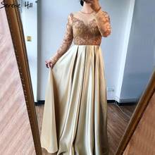 Gold A-line Long Sleeves Evening Dresses 2020 Satin Crystal Beading Formal Dress Women Elegant Design Serene Hill BLA70550 2024 - buy cheap