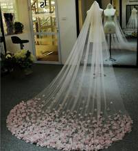 Фата свадебная с цветочной кружевной аппликацией, фата свадебная для собора, светло-розовая 2024 - купить недорого