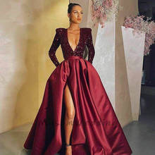 New Chic Burgundy Prom Dresses Sexy Deep V Neck Long Sleeve Evening Dress Sparkly Top Sequined Formal Women Party Dresses Slit 2024 - buy cheap