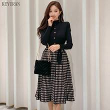 Vestido de malha estampada elegante estilo coreano, vestido midi de manga comprida com laço e gola em o, plissado, primavera e outono, 2021 2024 - compre barato