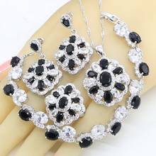 Conjuntos de joyas de lujo de Color plateado para mujer, pulsera de circón blanco y negro, pendientes, collar, colgante, anillo, caja de regalo 2024 - compra barato