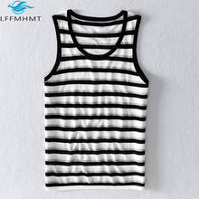 Men Summer Casual Cotton Linen Yarn Dye Vest Korean Japan Style Striped Sleeveless Top Round Neck Simple Pullover Navy Tank Male 2024 - buy cheap