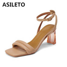 ASILETO 2021 Narrow Band Elegant Sandals Open Toe Ankle Buckle Strap Slingbacks 6.5cm High Crystal Square Heels Big Size 33-41 2024 - buy cheap