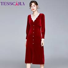 TESSCARA Women Autumn Winter Red Velvet Dress Festa High Quality Long Elegant V-Neck Party Robe Femme Vintage Designer Vestidos 2024 - buy cheap