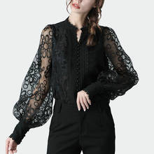 Blusas vintage elegante com gola redonda, blusas coreanas com rendas, manga comprida, camisas femininas moda chique vazadas 2020 2024 - compre barato