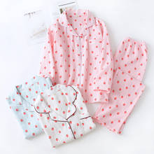 Conjunto de Pijama con pantalón de manga larga para Mujer, ropa de dormir con estampado de fresas, 100% algodón, ropa de crepé, talla grande, novedad 2024 - compra barato