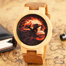 Punk Cool Fire Skull Display Bamboo Wood Watch Unisex Natural Casual Men's Genuine Leather Wrist Watches Gifts Male 2024 - buy cheap