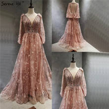 Dubai Pink V-Neck Sexy A-Line Evening Gowns 2021 Long Sleeves Crystal Handmade Flowers Formal Dresses Serene Hill LA70339 2024 - buy cheap