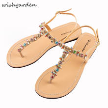 NEW Summer Women`s Flat Beach Shining Rhinestones Sandals Lady Bohemia Diamond T-strap Thong Flip Flops  Slippers Boho Shoes 2024 - buy cheap
