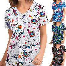 2021 Nurse Uniform Scrubs Women Plue Size Animal Print Short Sleeve V-neck Pocket T-Shirt Tops Overalls медицинский костюм q5 2024 - buy cheap