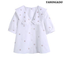 ZA-Blusa de popelina con bordado Floral para mujer, camisa Vintage de manga corta con botones, Tops elegantes, 2021 2024 - compra barato