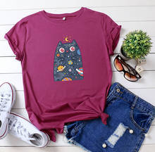 Camiseta con estampado de gato y Planeta para mujer, Tops informales de gran tamaño con cuello redondo, playera Harajuku de dibujos animados Kawaii para verano 2024 - compra barato