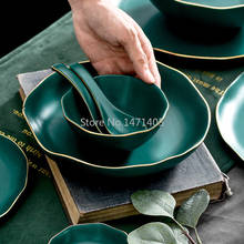 New Nordic Style Creative Simple Peacock Retro Green Ceramic Gold Tableware Retro Bowl and Plate Set 2024 - buy cheap