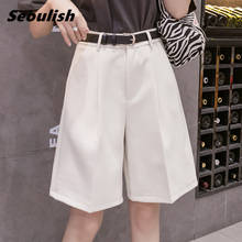 Seoulish-pantalones de traje blancos para mujer, pantalón holgado elegante con cinturón de cintura alta para oficina, media pierna ancha, 2021 2024 - compra barato