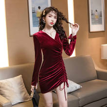 2020 New Arrival Winter Black Velvet Women Long Sleeve Mini Bandage Ruched Dress Ladies Sheath Mini Sexy Party Fall Dress Women 2024 - buy cheap