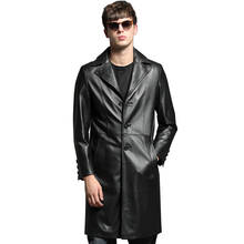 Men's Long Sheepskin Coat Long Autumn Genuine Leather Jacket Black Suit Collar Slim Formal Outwear 2024 - buy cheap