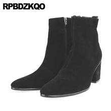 Botas de couro grão completo preto, tornozelo curto genuíno, calçado masculino de salto alto, bico ponteagudo, camurça real 2024 - compre barato