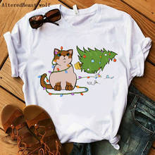 Christmas Siamese Cat Knocking Over Christmas Tree T-Shirt printed women cute white clothes tops tshirt female casual vogue 2019 2024 - buy cheap