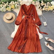 Spring Autumn Women's Holiday Dress 2020 New Thin Chiffon Retro Print Lace-up Waist Slim Long Dress for Women GD975 2024 - buy cheap