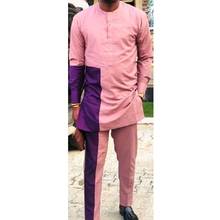 African Fashion Men's Sets Pink/Purple Patchwork Design Nigerian Style Cotton Pant Suits Wedding Party Custom Outfits 2024 - buy cheap