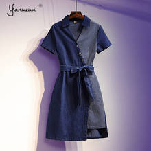 Yanueun vestido linha a jeans feminino plus size, novo vestido feminino com gola virada para baixo, irregular, patchwork, rendas acima, faixas para o verão 2024 - compre barato