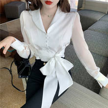 Sexy Bow Waist Tie Puff Sleeve Buttons Blouse Women Chiffon Shirt  Crop Top Temperament 2021 Spring Court Outfit Korean Fashion 2024 - buy cheap