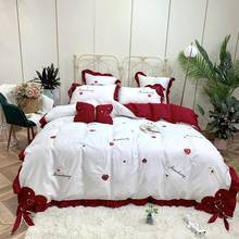 Conjunto de cama bordado de morango, 4/7 peças, algodão longo, conjunto de cama, edredom branco, lençol, fronhas, roupa de cama 2024 - compre barato