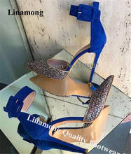 Linentre sapatos stiletto bico fino com glitter, caminhada azul camurça correias de tornozelo fivelas salto alto vestido 2024 - compre barato