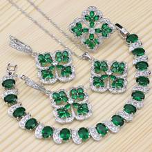Conjuntos de joias femininas, prata 925, acessórios para casamento, zircônia cúbica verde, anel de cristal branco, pulseira, colar, pingente, brincos 2024 - compre barato