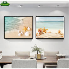 Impressão em tela poster concha starfish deriva garrafa arte da parede mediterrâneo paisagem mar azul praia sala de estar decoração para casa 2024 - compre barato