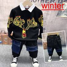 Winter Kids Boy Clothes Set Long Sleeve Pullover Lapel Knitted Sweater Thickened Jeans 2Pcs boys Outfit for Infant Baby 2-6Y 2024 - buy cheap