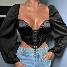 wsevypo Sexy Lantern Sleeve Hasp Corsets Tops Women Low Cut Square Collar Bustiers Crop Tops Solid Color Backless Satin T-Shirt 2024 - buy cheap