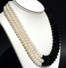 Unique Pearls jewellery Store 8mm 3 rows Black Crystal White Genuine Freshwater Pearl Necklace Charming Women Gift Fine Jewelry 2024 - buy cheap
