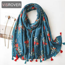 VISROVER 2020 New Blue Flower Printing Viscose Autumn Women Scarf Tassel Fashion Winter Pink Scarf  Shawls Hijab Gift Wholesales 2024 - buy cheap