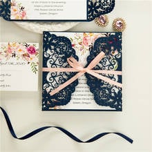 (50 pieces/lot) Laser Cut Flower Navy Blue Wedding Invitation Card Personalized Print Quinceanera Invitations With RSVP IC146 2024 - buy cheap