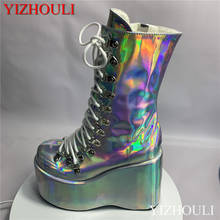 Women's wedge heel ankle boots, shiny 12.5cm high heels, thick sexy heels with zipper split ankle boots 2024 - buy cheap