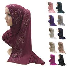 Bufanda larga de algodón para mujeres musulmanas, pañuelo de oración con diamantes de imitación de Color sólido, Hijab para cubrir la cabeza, chal árabe, turbante, 160x50cm 2024 - compra barato