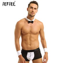 Gay Men Sexy Underwear Waiter Tuxedo Lingerie Suit Costumes Exotic Apparel Sissy Panties Boxer with Bow Tie Collar and Bracelets 2024 - buy cheap