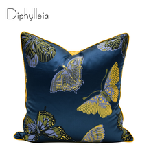 Diphylleia nova moderna capa de almofada de seda estilo chinês azul amarelo borboleta jacquard sala estar fronha cussin luxo 2024 - compre barato